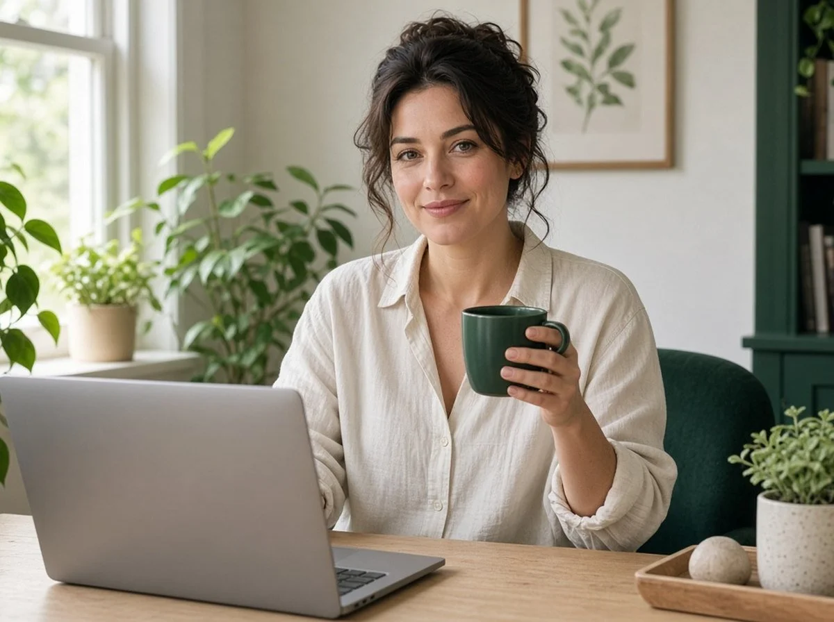 Person working calmly from a bright home office with plants