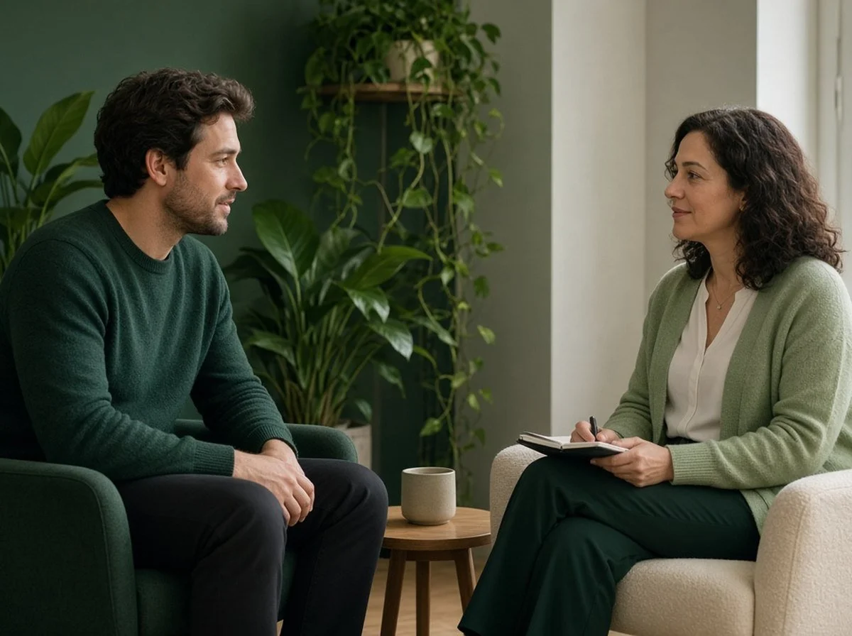 Man talking with a female therapist