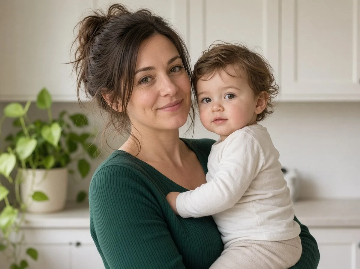 Mother holding her toddler in a sunny kitchen