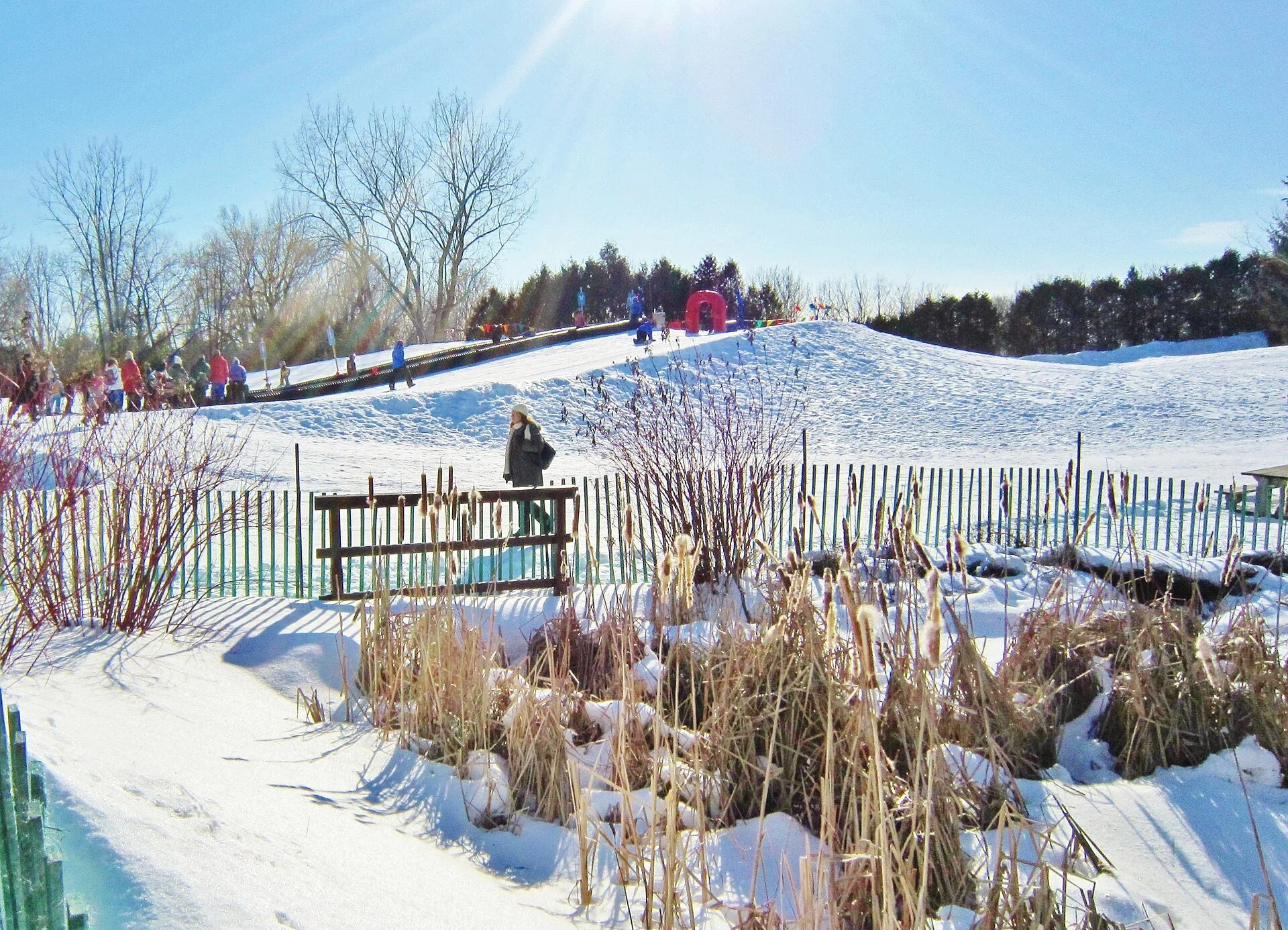 Snowy slopes and a frozen pond at the Centre de la Nature in Laval in winter.