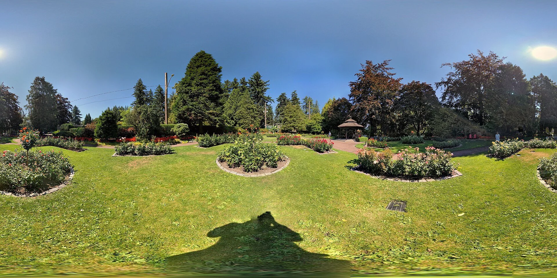 Flower beds and mature trees in the rose garden at Queen's Park, New Westminster, British Columbia.
