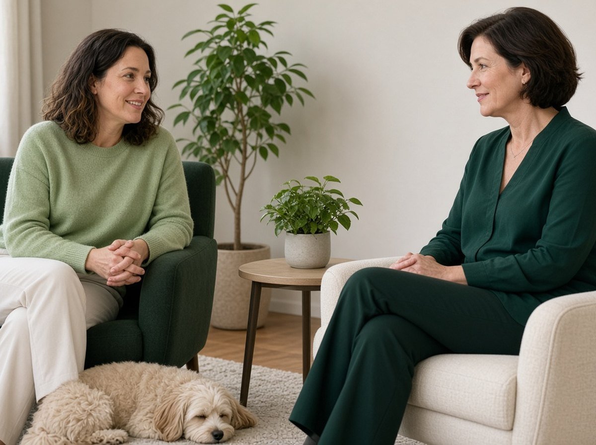 Client talking with a therapist while a small dog rests at their feet