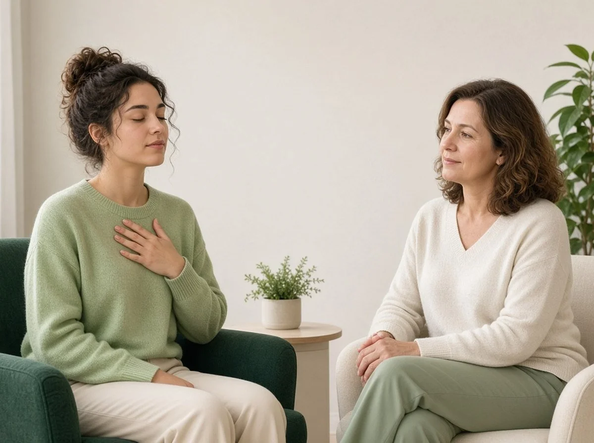 Therapist guiding a young woman through a slow breathing exercise