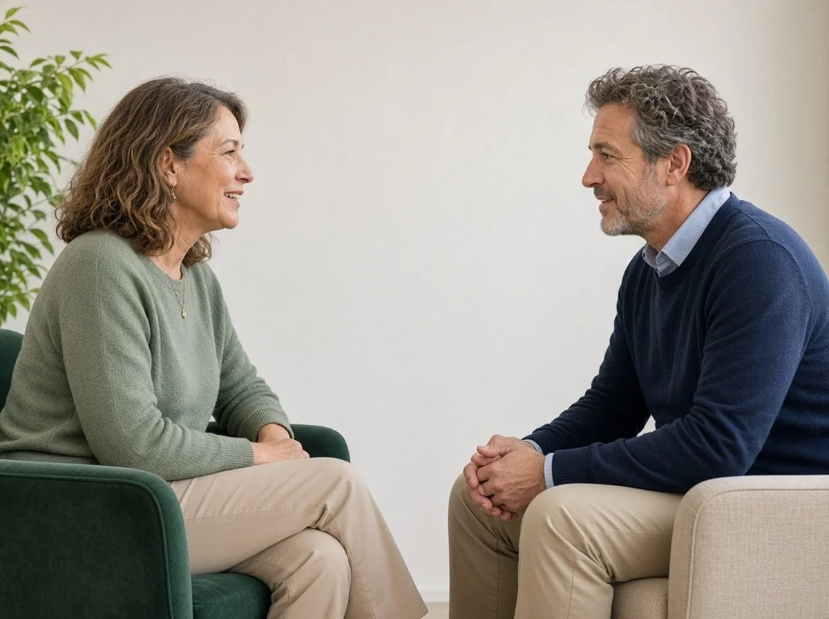 Woman talking with a male counsellor in a bright office