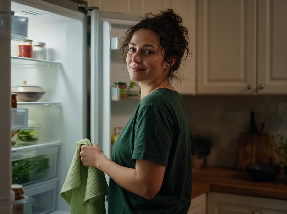 Woman standing at an open fridge in an evening kitchen