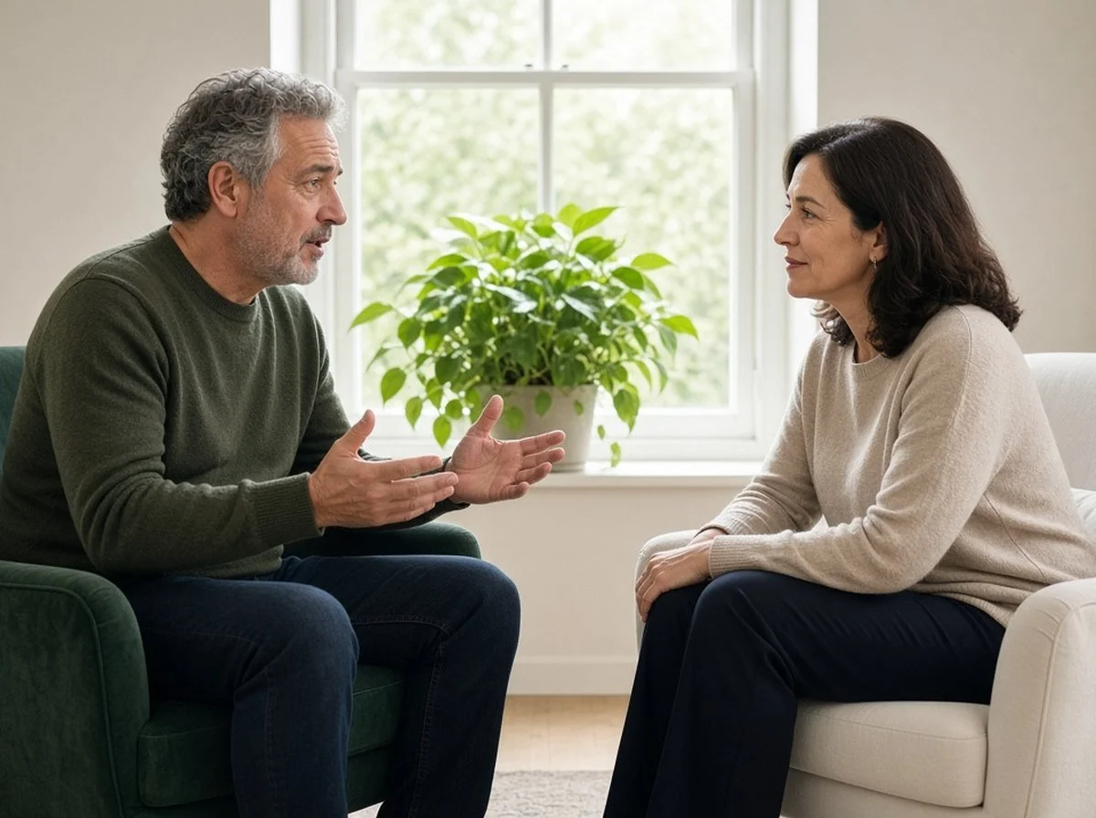 A counsellor and a middle-aged client talking face to face in a calm counselling room