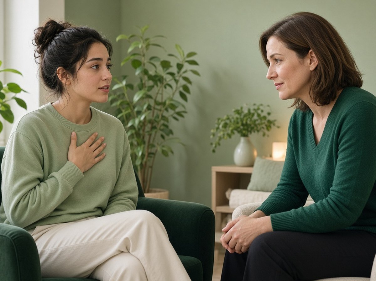 A young adult talking with a therapist during a calm, focused session