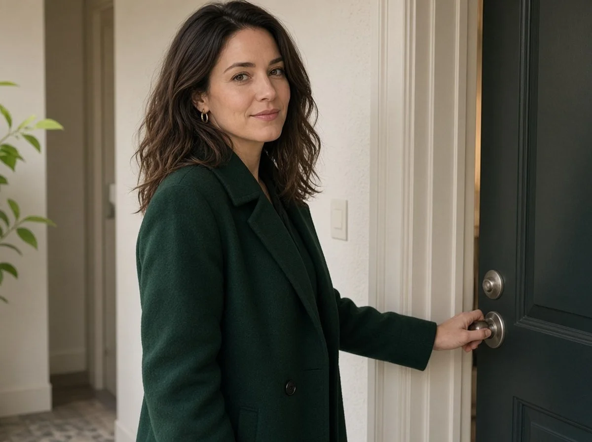 Woman at her front door with her hand on the handle