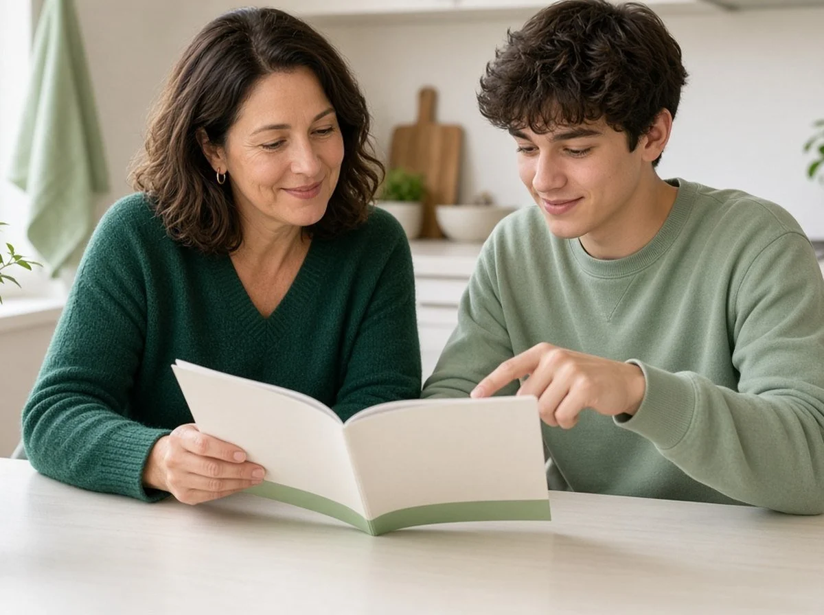 A mother and teenage son reviewing a benefits booklet at the kitchen table
