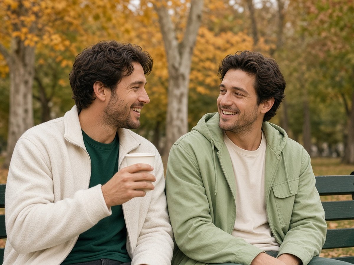 A man laughing quietly with a friend on a park bench