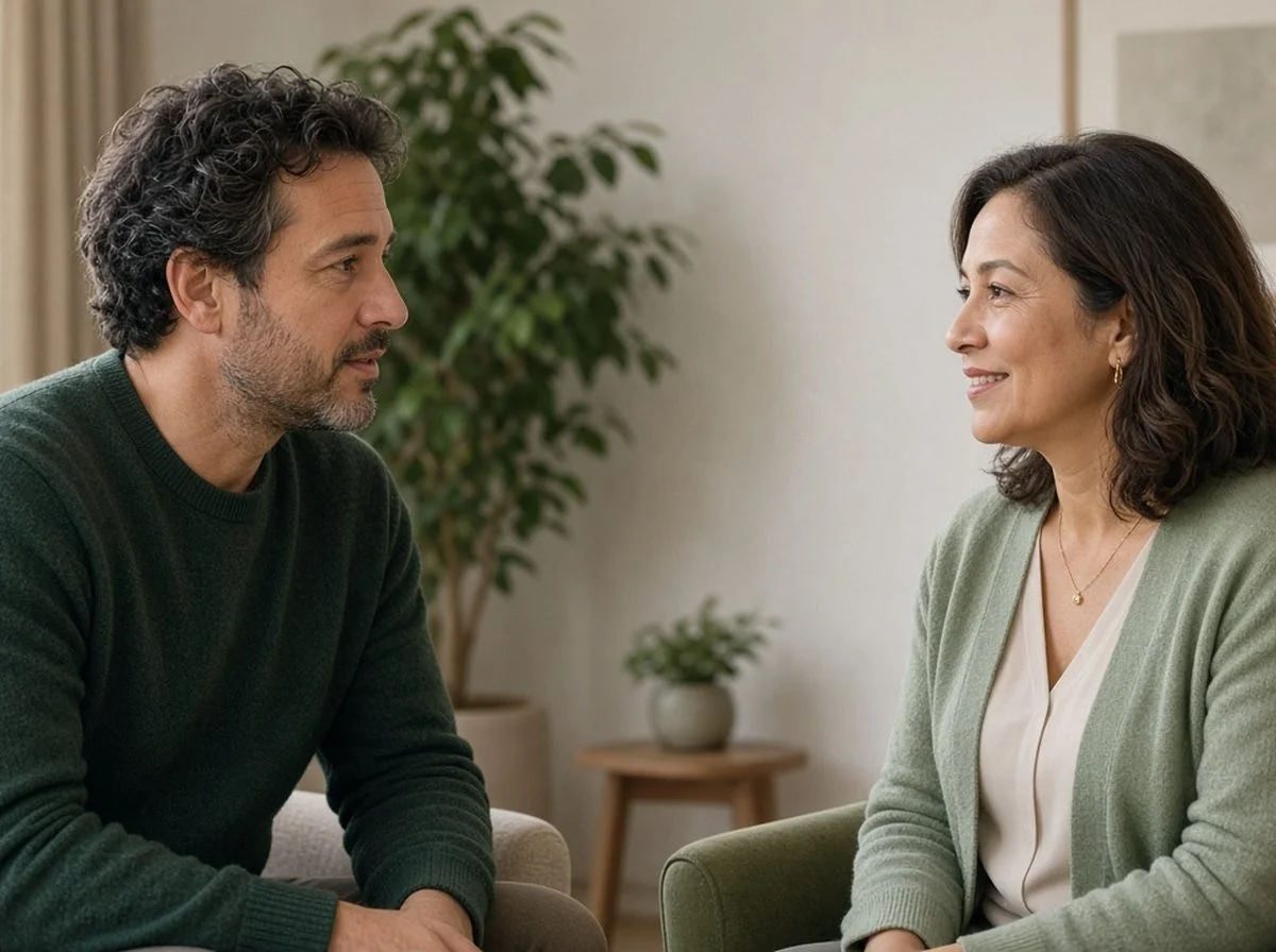 Man and a therapist talking in a softly lit room