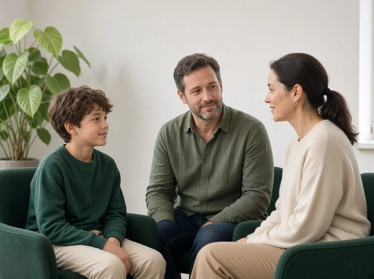 Boy talking with a counsellor with his father beside him