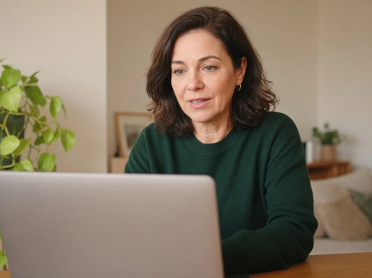 Woman in her forties on a video call at home