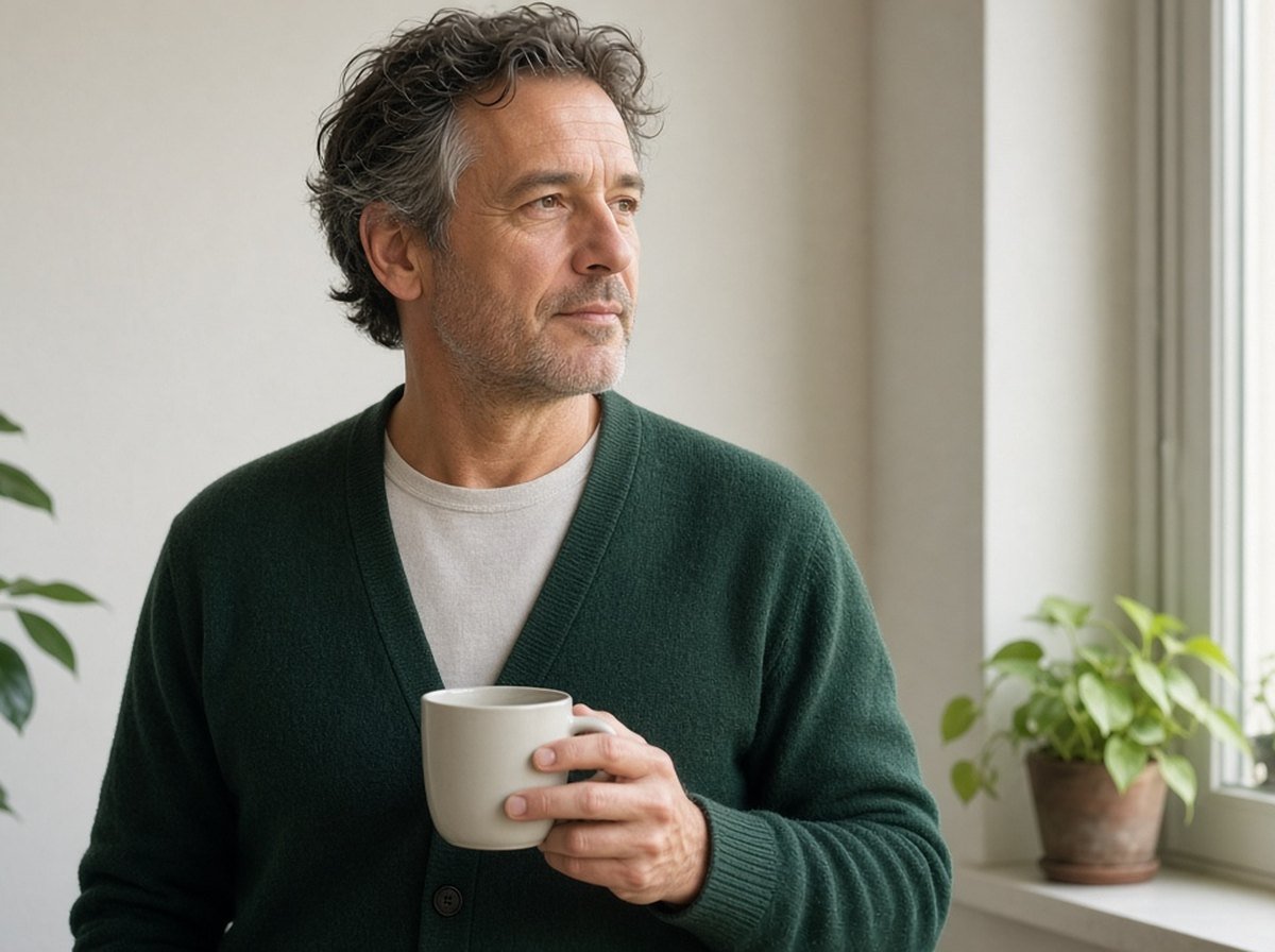 Man in his fifties by a window holding a mug
