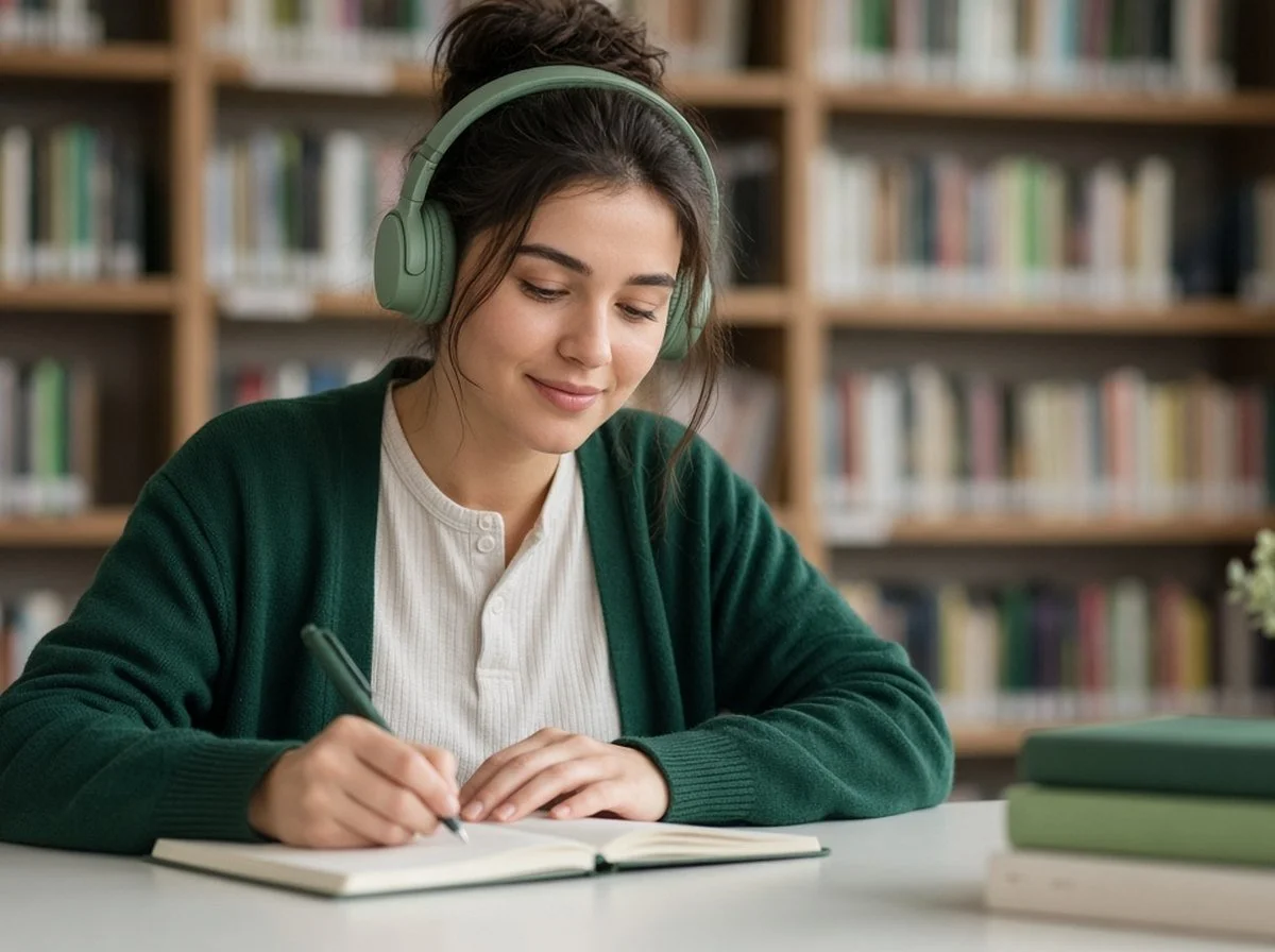 University student studying calmly with headphones at a library table