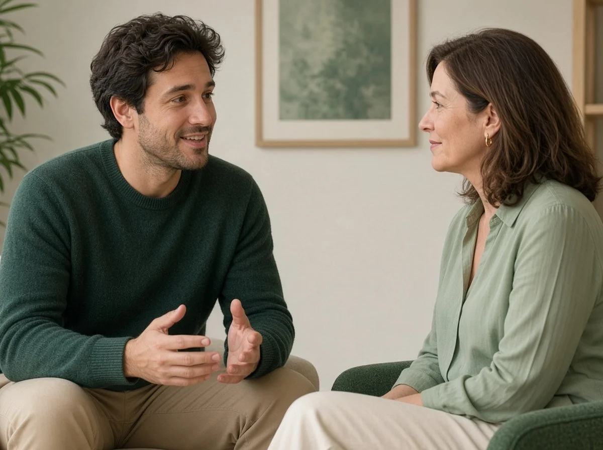 A man talking with a therapist about anxious doubts