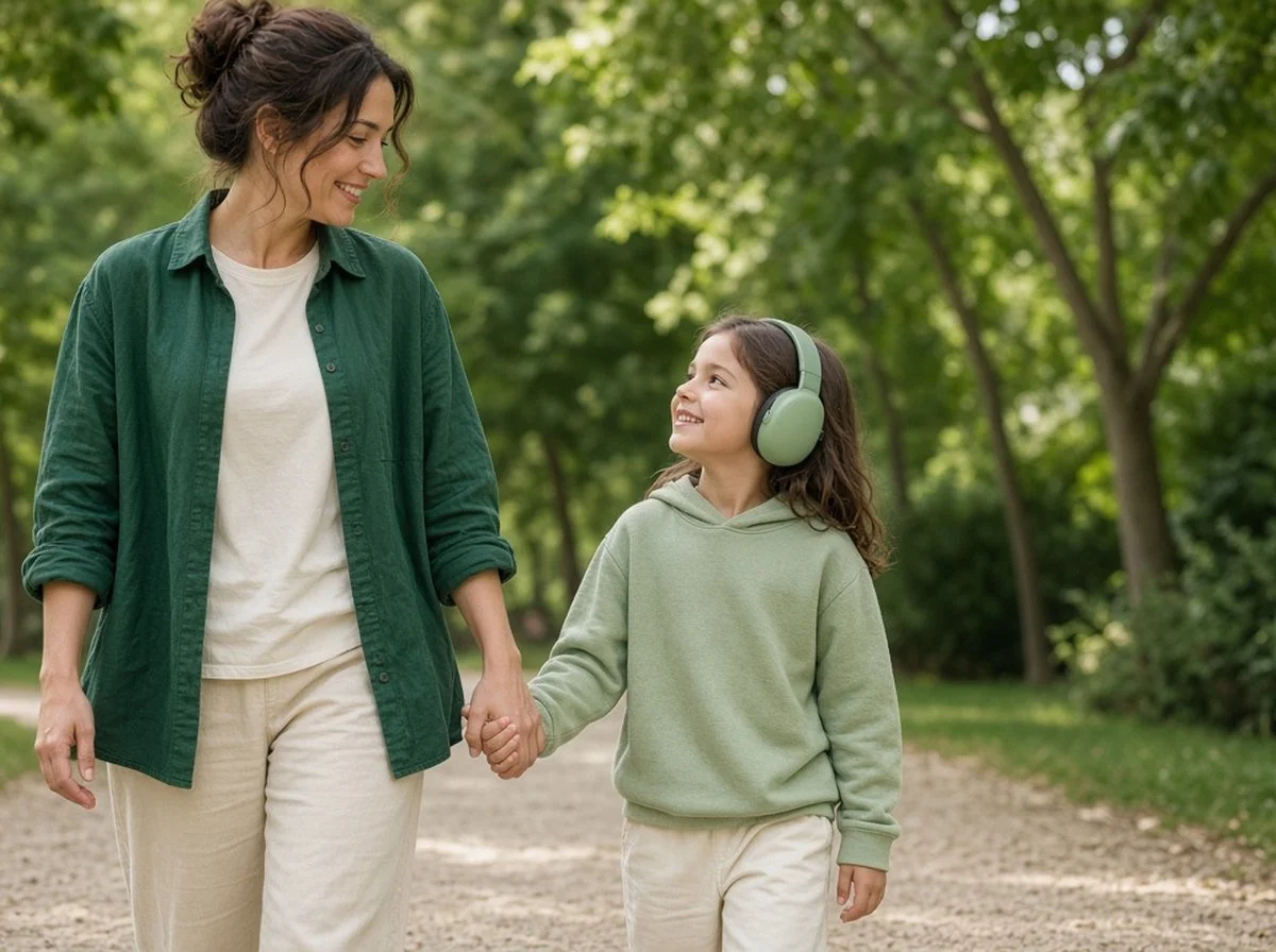 A smiling child wearing ear defenders walking with a parent in a mall