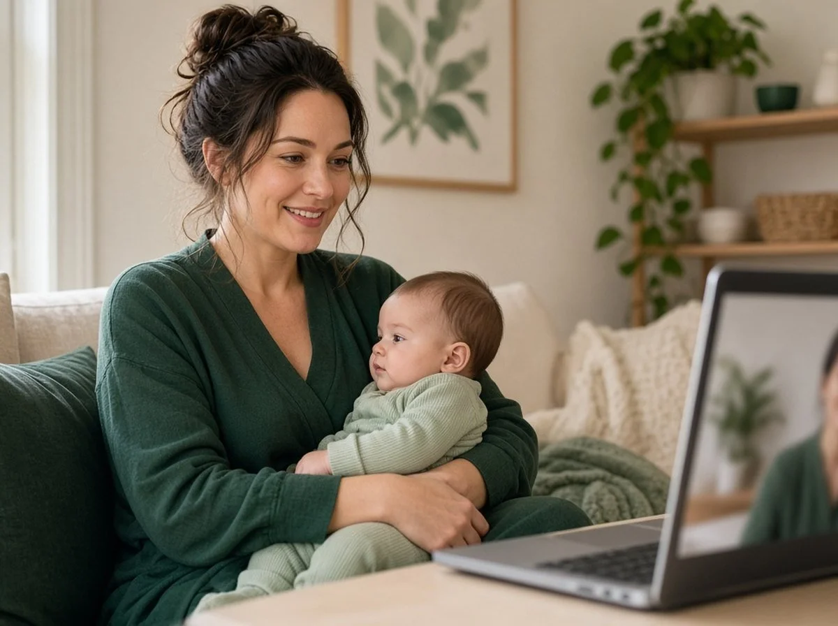 A new mother with her baby on her lap talking with a therapist on a video call at home