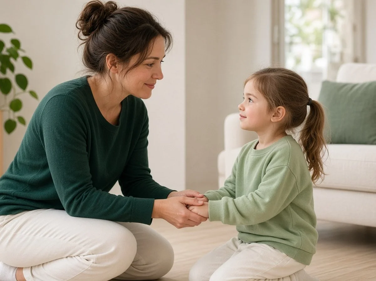 A parent kneeling to talk gently with their young child at home