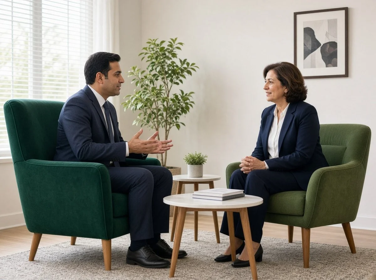 Man and therapist talking in a bright office