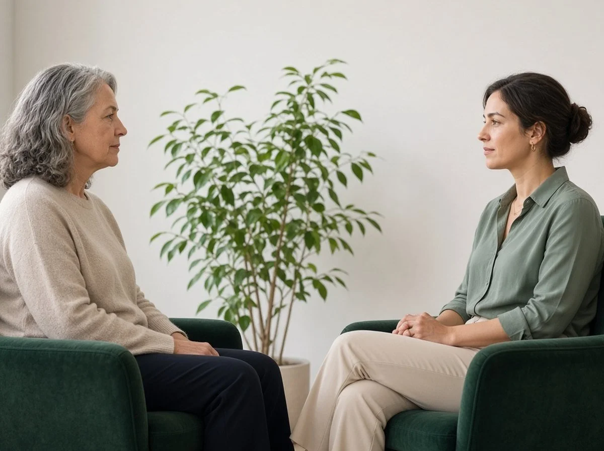 Grey-haired woman talking with a younger woman counsellor
