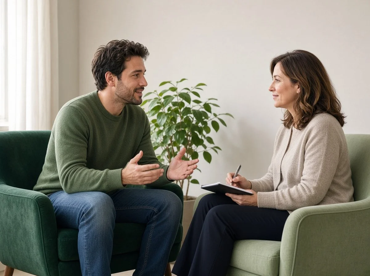 Man talking with a therapist and looking hopeful