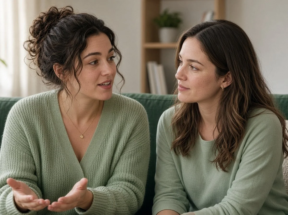 A woman sitting on a couch talking with her sister, who listens with a caring expression