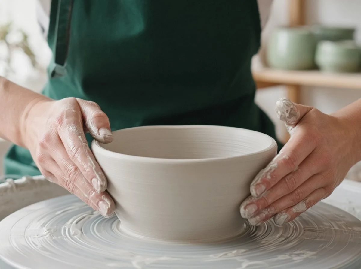 Hands shaping a clay bowl on a pottery wheel