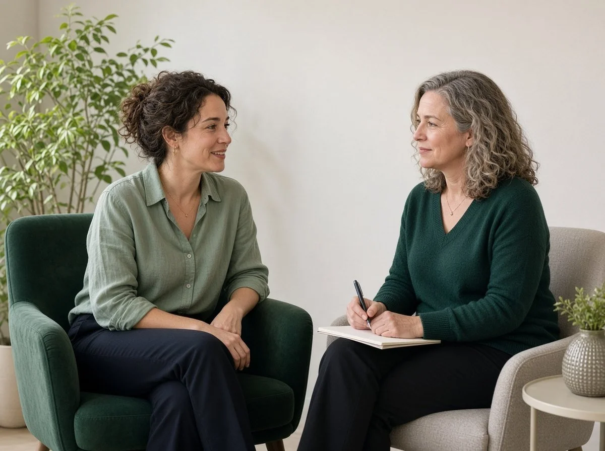 Woman talking with a therapist about planning and follow-through
