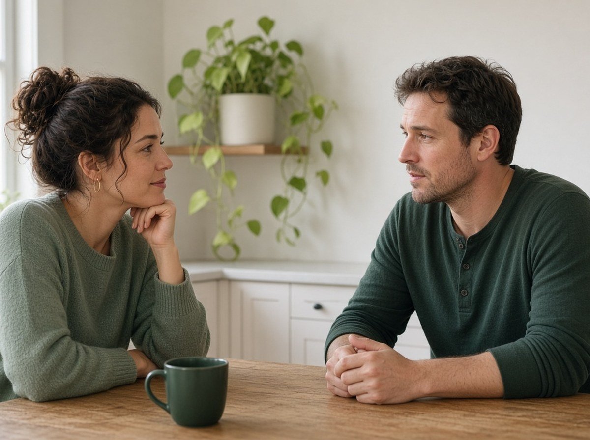 Two adults facing each other at a table, both faces visible, quiet supportive talk