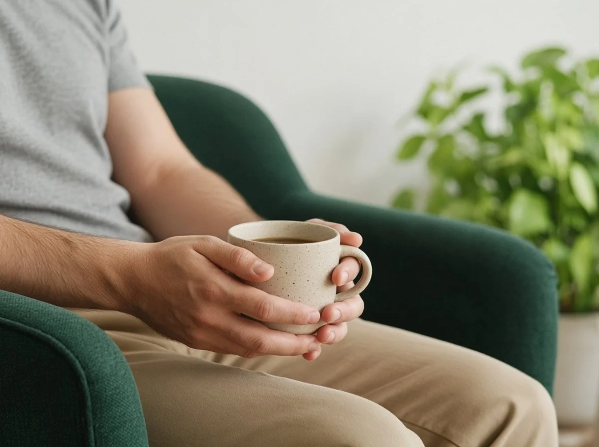 A man holding a coffee mug in a comfortable counselling office.