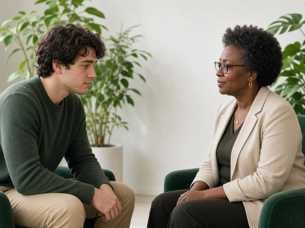 Young man nodding while talking with a woman therapist