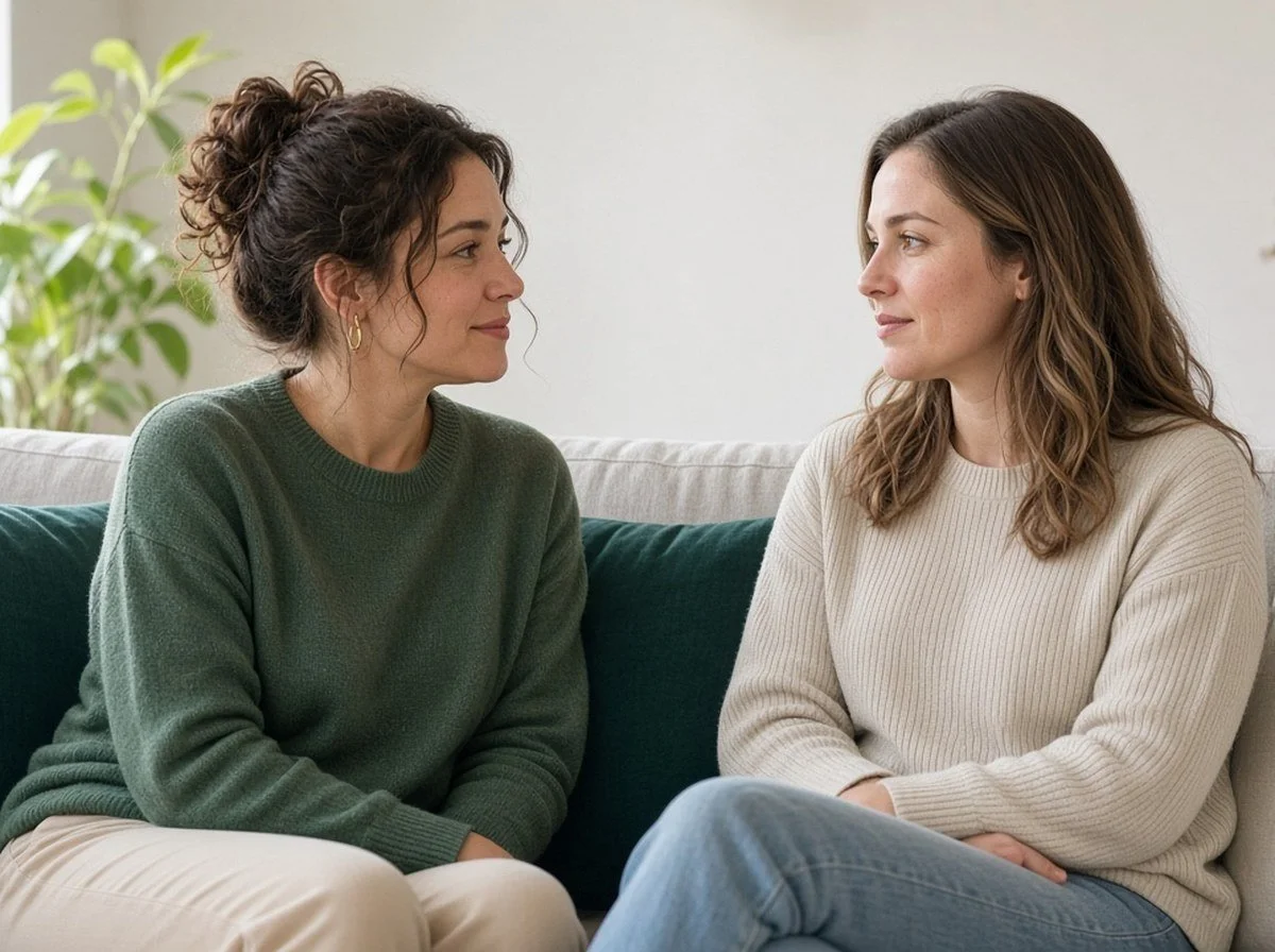A supporter and a friend face to face on a couch, both faces visible