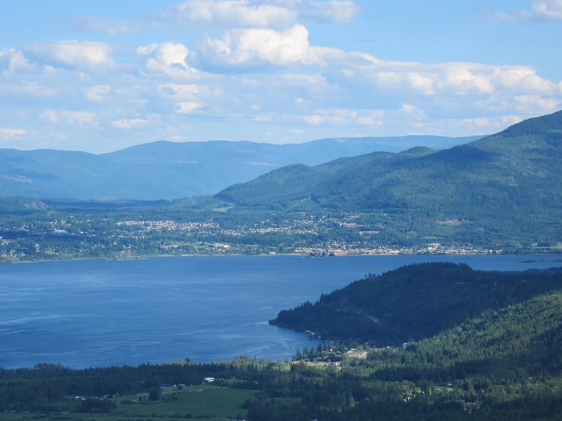 The town of Salmon Arm and the Salmon Arm of Shuswap Lake seen from Tappen.