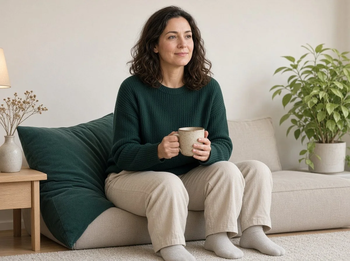 Woman holding a warm mug in a calm room, looking steady