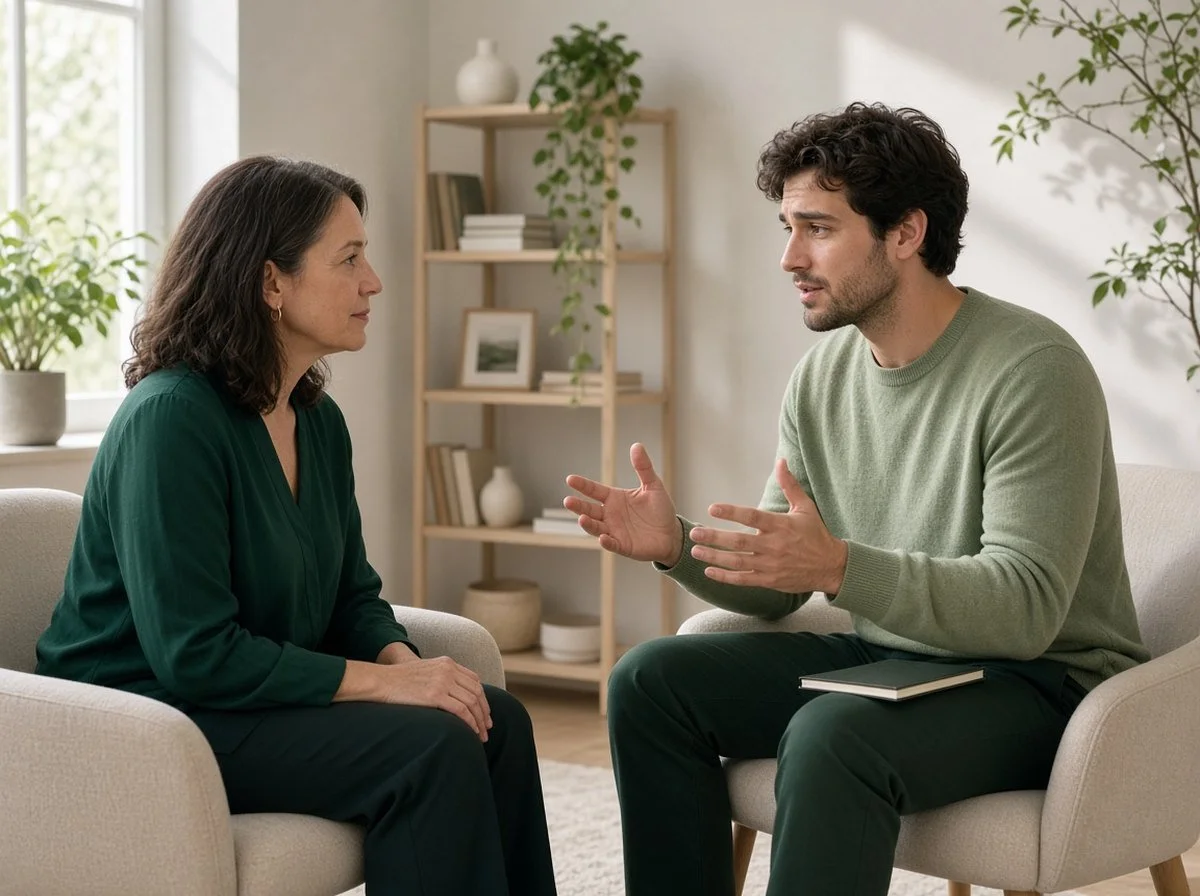 Young man talking with a therapist in a bright counselling office.