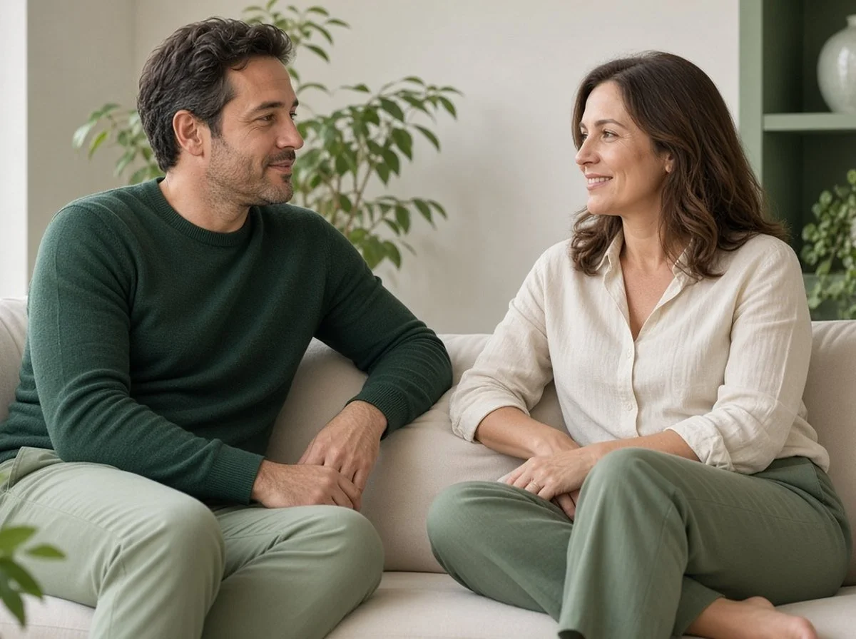 Two adults sitting on a couch talking calmly