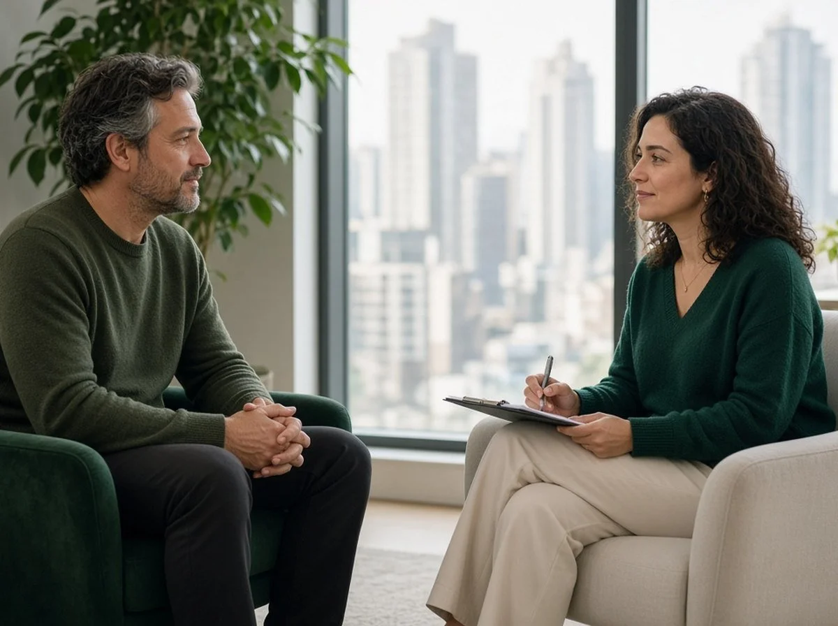 Man talking with a female therapist in a high-rise office