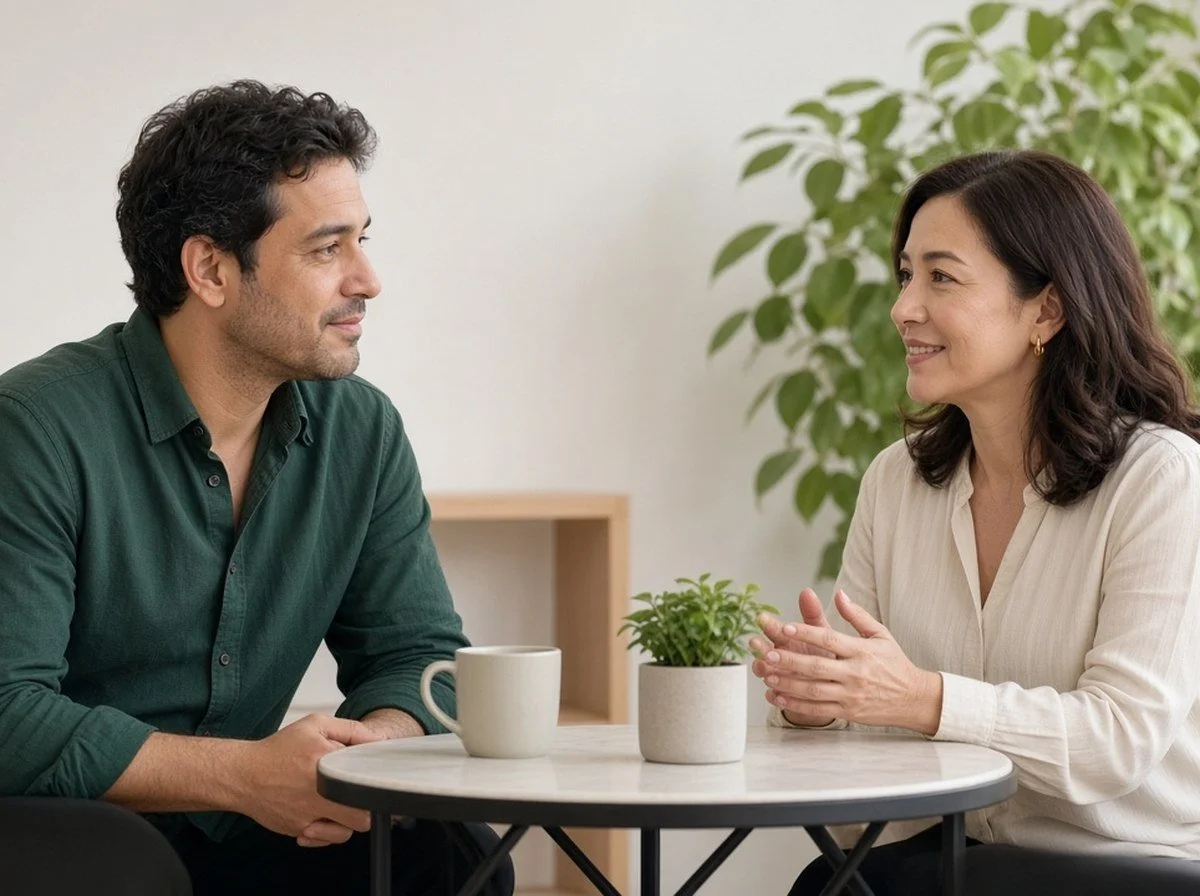 Two colleagues sitting face to face talking, both faces visible