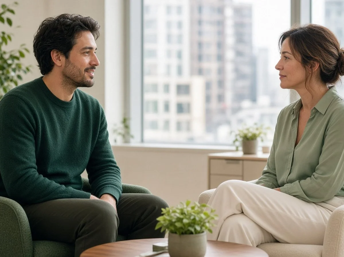 An adult talking calmly with a therapist in a bright downtown Ottawa office