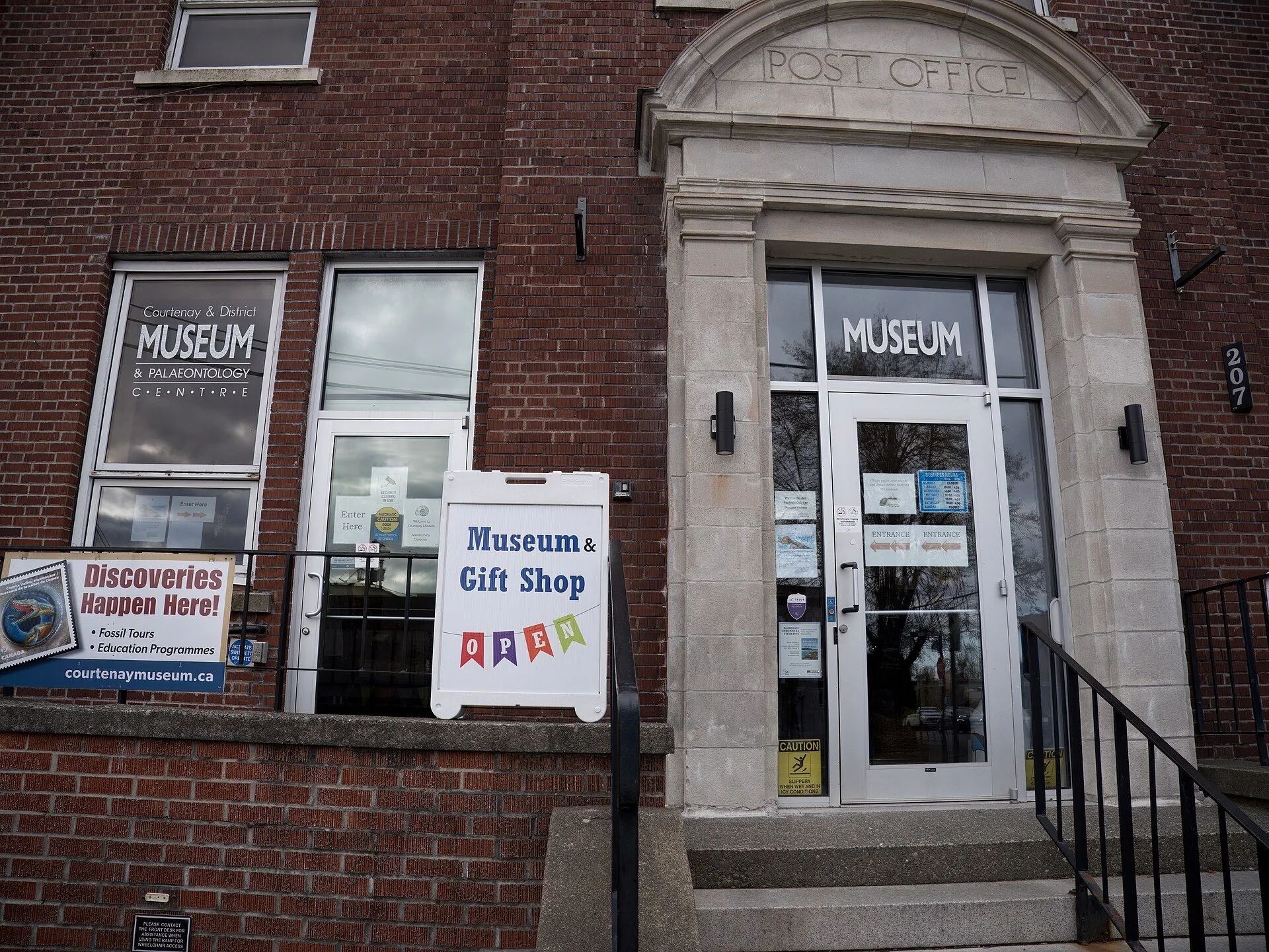 The front entrance of the Courtenay and District Museum on Fourth Street in Courtenay, BC.