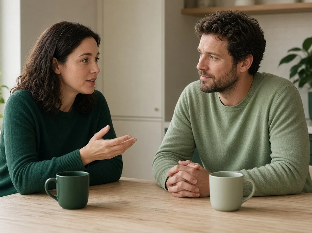 A couple talking calmly together at a kitchen table