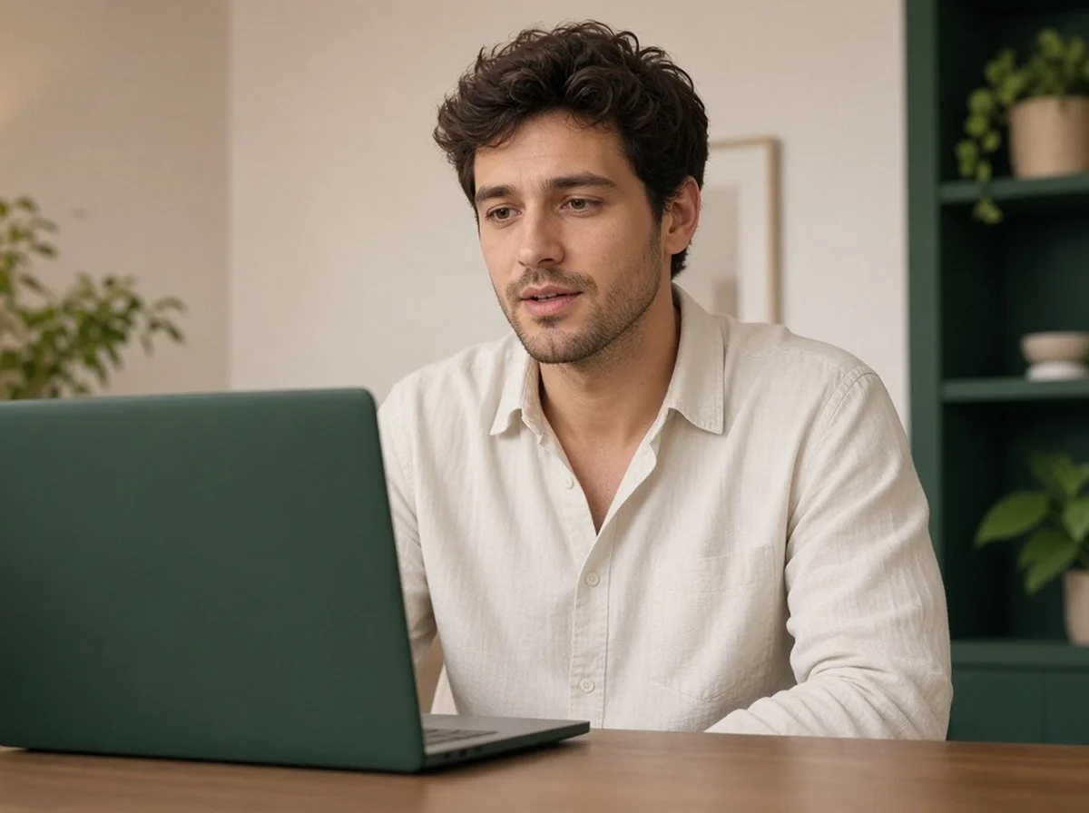 A young man in an online counselling session at home