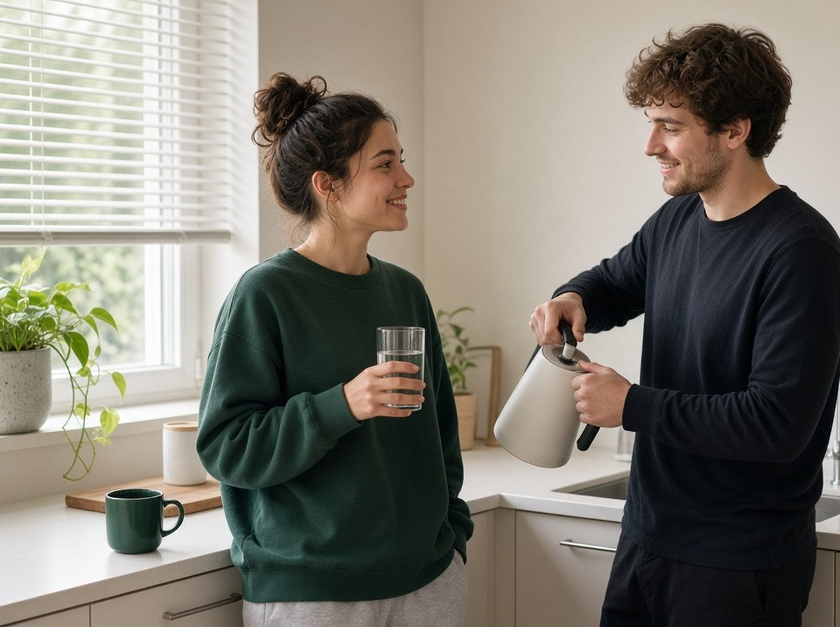 Two roommates chatting in a sunny kitchen in the morning, one holding a glass of water