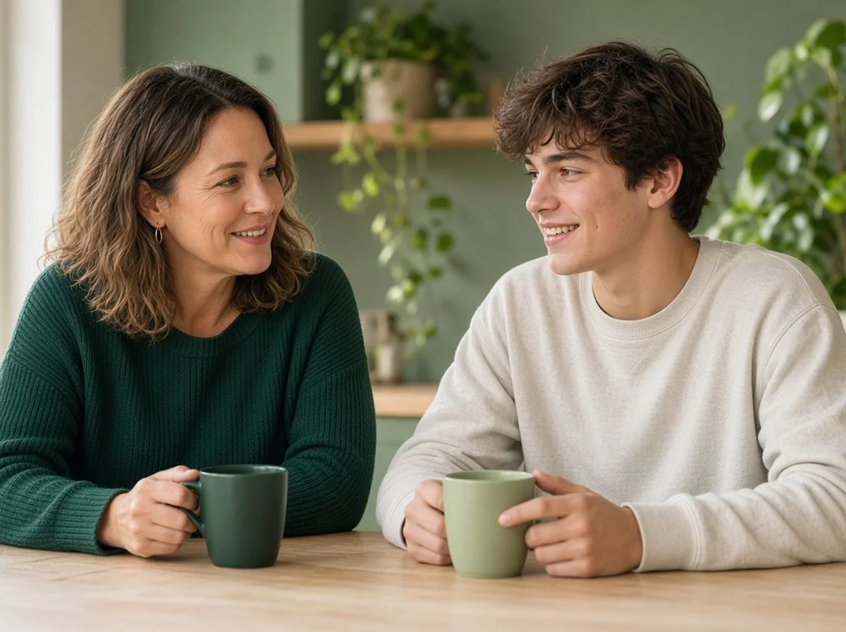 A mother and teen son talking warmly at the kitchen table