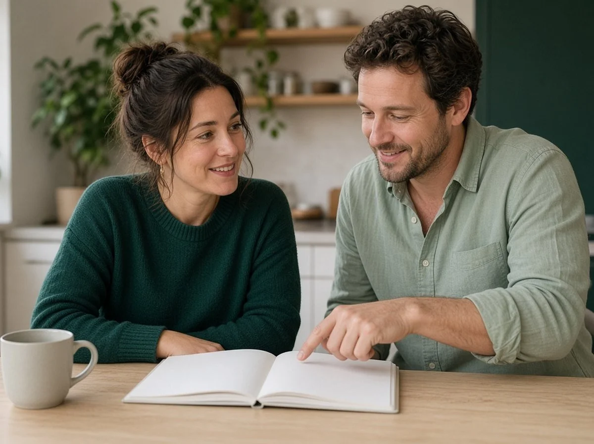 A couple reviewing a benefits booklet at a kitchen table