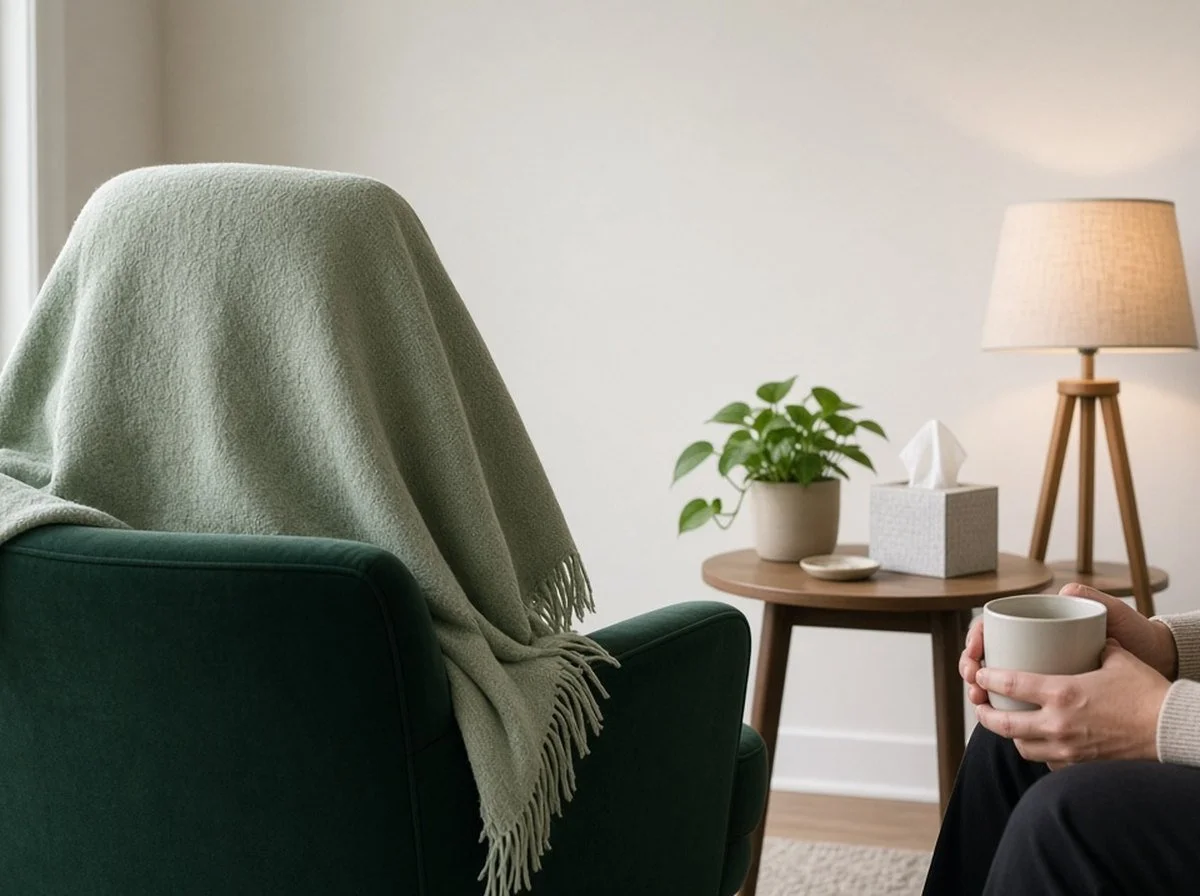 A calm, safe counselling room with a soft green throw on the armchair.