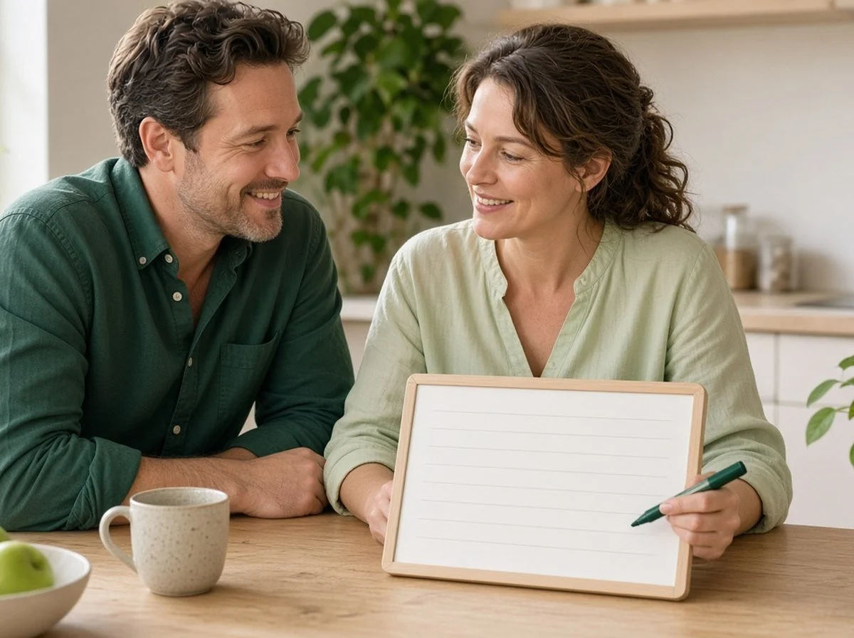 A couple planning the week together on a whiteboard calendar at the kitchen table