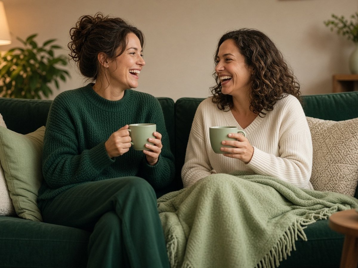 Two friends sharing tea on a couch
