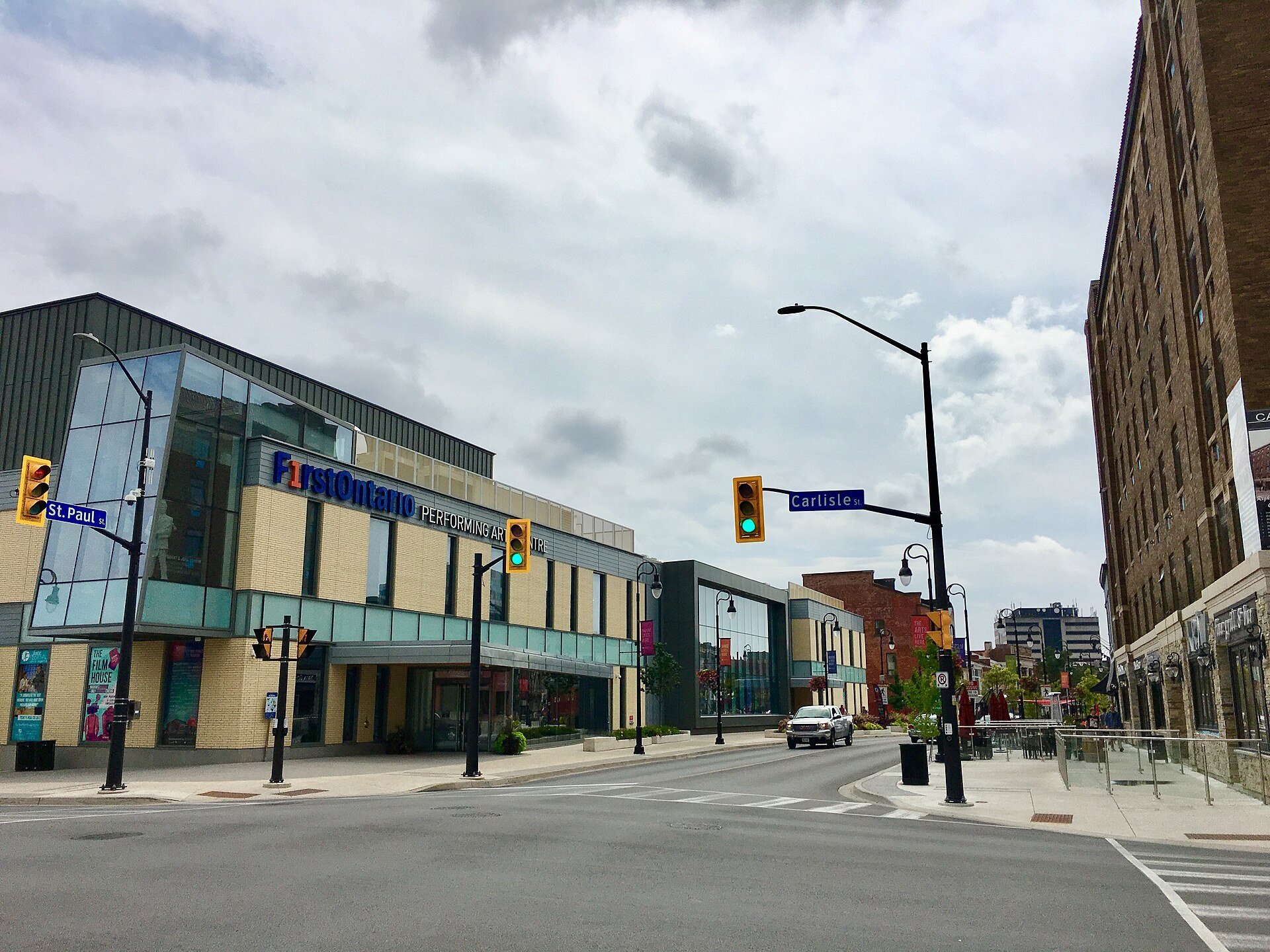 The glass and stone front of the FirstOntario Performing Arts Centre on St. Paul Street in downtown St. Catharines.